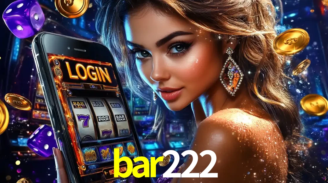 Mulher glamorosa segurando um smartphone com a tela de login para os jogos de caça-níqueis do cassino online bar222, com moedas de ouro e dados ao redor.