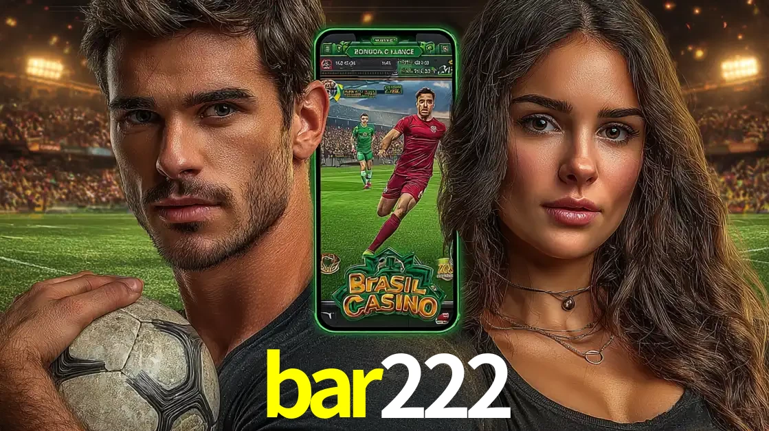 Homem segurando uma bola de futebol e uma mulher ao lado de um smartphone exibindo o jogo de apostas esportivas da bar222. Faça seu palpite no cassino online.